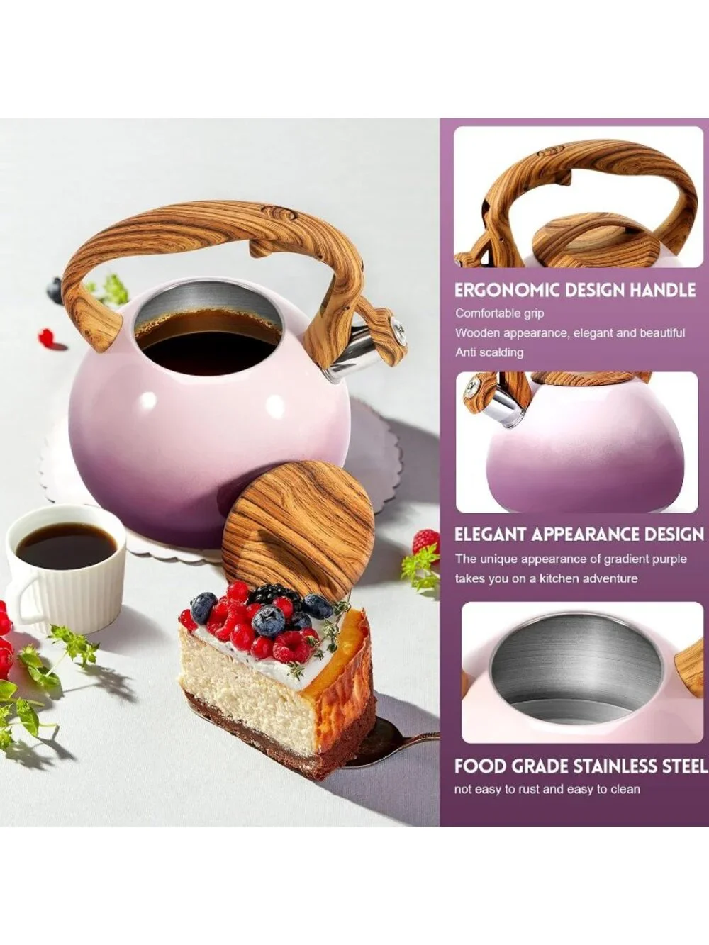 Kitchen Berry Purple Boiling Water Coffee or Milk Wood Pattern Handle Tea Kettle